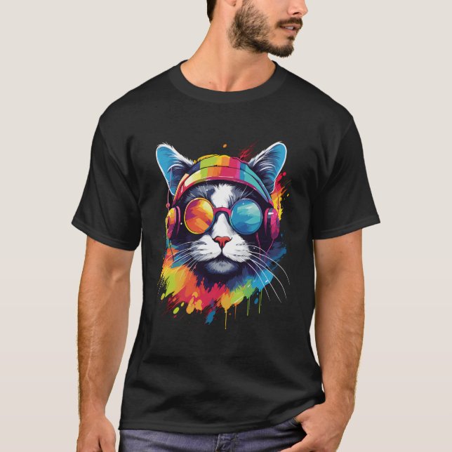 Dj Cat Wearing Headphones Sunglasses T-Shirt (Front)