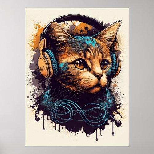  DJ Cat  With Headphones   Poster