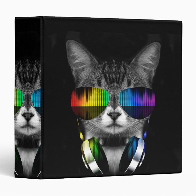 DJ cat with sunglasses and headphones 3 Ring Binder (Front/Spine)