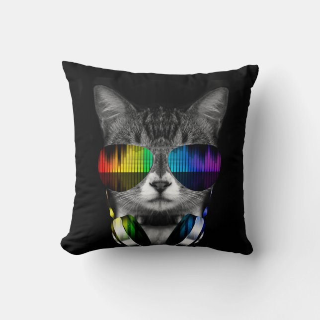 DJ cat with sunglasses and headphones Throw Pillow (Front)