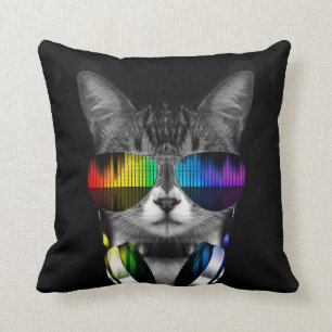 DJ cat with sunglasses and headphones Throw Pillow