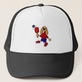 Dj- Cocker Spaniel Playing Pickleball Cartoon Trucker Hat by inspirationrocks at Zazzle