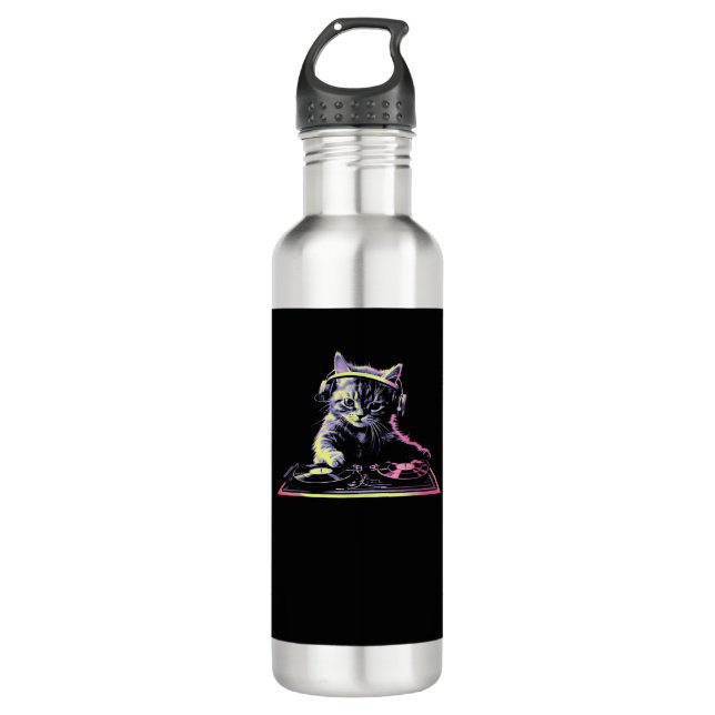 DJ Controller Cat - Funny DJ Cat Stainless Steel Water Bottle (Front)