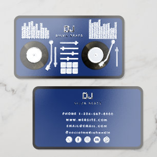 DJ Deejay Turntable Record Blue Metallic Silver Foil Spot Gloss Business Cards