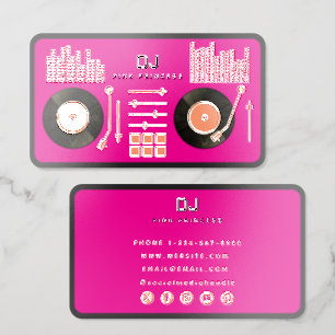 DJ Deejay Turntable Record Pink Metallic Rose Gold Foil Spot Gloss Business Cards