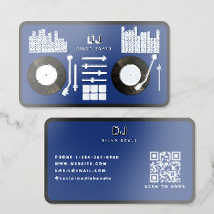 DJ Deejay Turntable Record QR Code Blue & Silver Foil Spot Gloss Business Cards