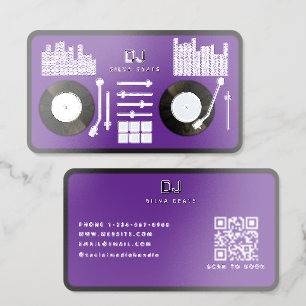 DJ Deejay Turntable Record QR Code Purple & Silver Foil Spot Gloss Business Cards