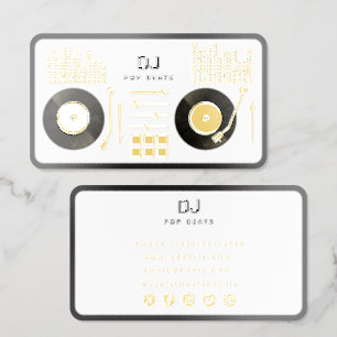 DJ Deejay Turntable Record White & Metallic Gold Foil Spot Gloss Business Cards