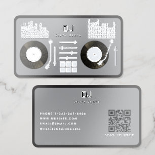 DJ Deejay Turntable Vinyl Record QR Code Silver Foil Spot Gloss Business Cards