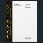 DJ Event Planner Letterhead<br><div class="desc">An electronic music inspired template design with a shimmering red,  yellow and black color palette. It is captioned with; DJ Rave,  event planner,  electronic music. Fully editable.</div>
