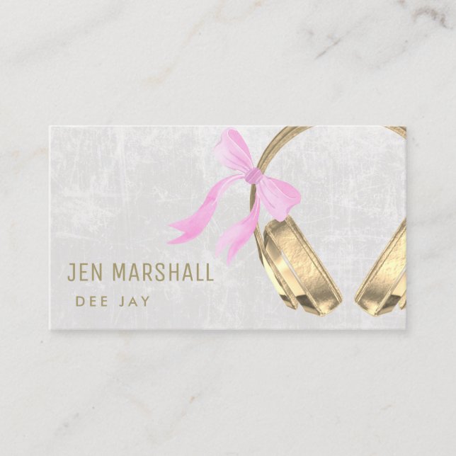 DJ faux gold foil headphones pink bow Business Card (Front)