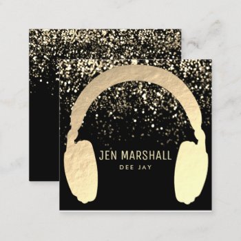 Dj Faux Gold Foil Headphones Square Business Card by musickitten at Zazzle