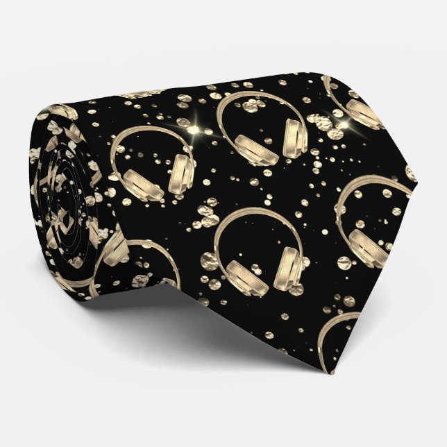 DJ faux gold foil music headphones Neck Tie (Rolled)