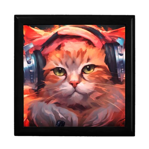 DJ Ginger Cat With Headphones Wooden Keepsake Box