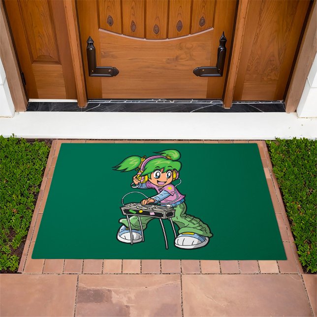 DJ Girl with Green Hair and Headphones  Doormat (Creator Uploaded)