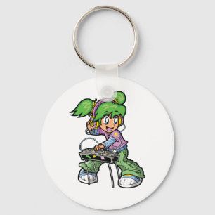DJ Girl with Green Hair and Headphones  Keychain