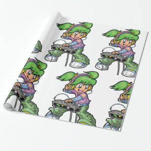 DJ Girl with Green Hair and Headphones Wrapping Paper