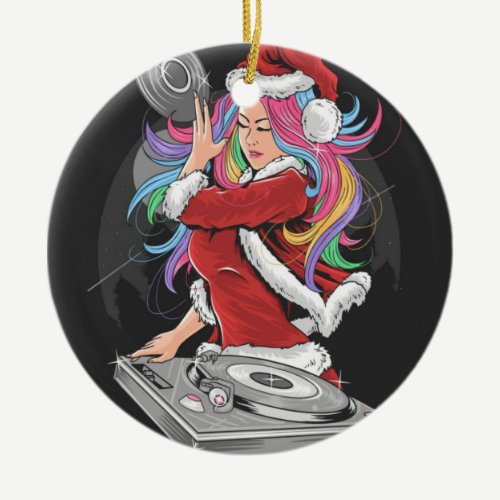 DJ GIRL WITH RAINBOW HAIR IN SANTA SUIT CERAMIC ORNAMENT