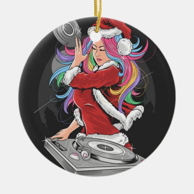 DJ GIRL WITH RAINBOW HAIR IN SANTA SUIT CERAMIC ORNAMENT (Front)