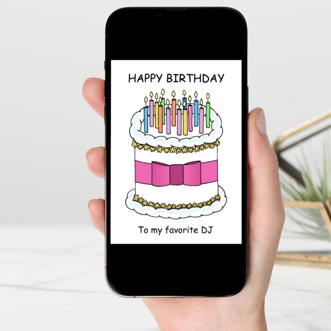 DJ Happy Birthday Cartoon Cake with Candles Card (Front Digital)