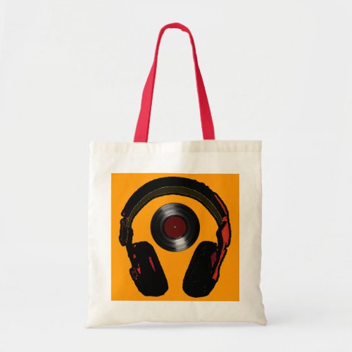 dj headphone and vinyl record music tote bag