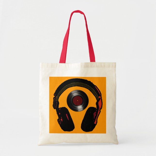dj headphone and vinyl record music tote bag (Front)
