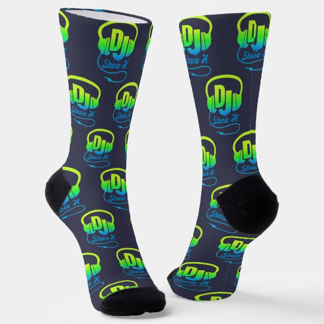  DJ headphones custom name blue green music lover Socks (Angled)