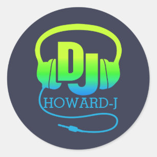 DJ headphones green blue add your own name  Classic Round Sticker
