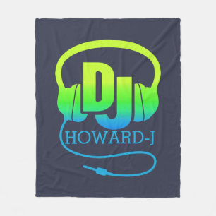 DJ headphones green blue add your own name  Fleece Blanket