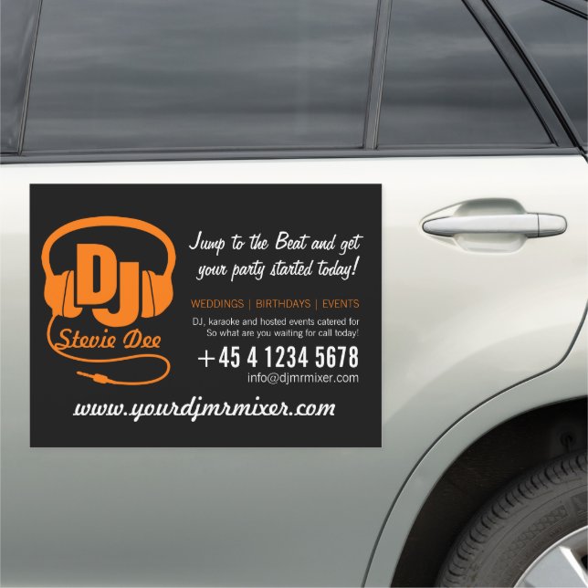 DJ headphones logo orange black white promo advert Car Magnet (In Situ)