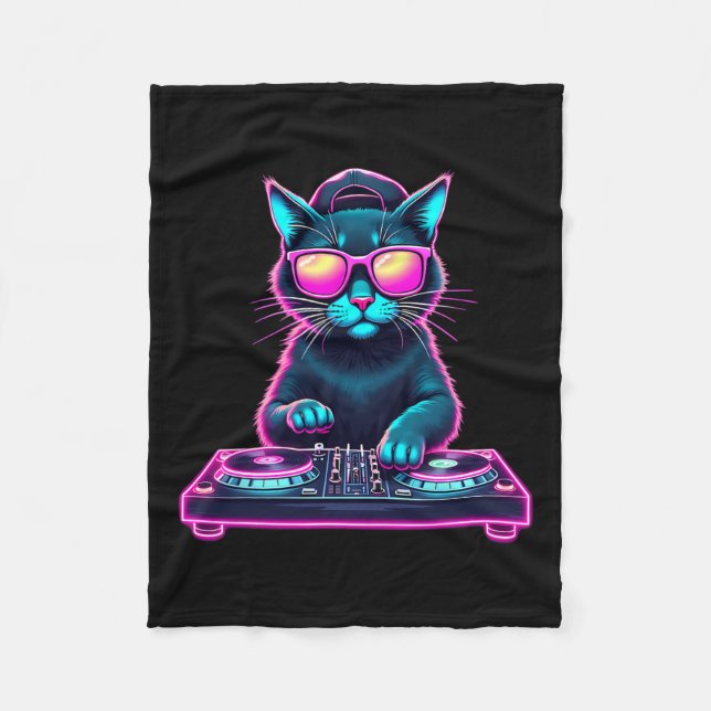 Dj House Cat Rainbow Dj Cat Kitty  Fleece Blanket (Front)