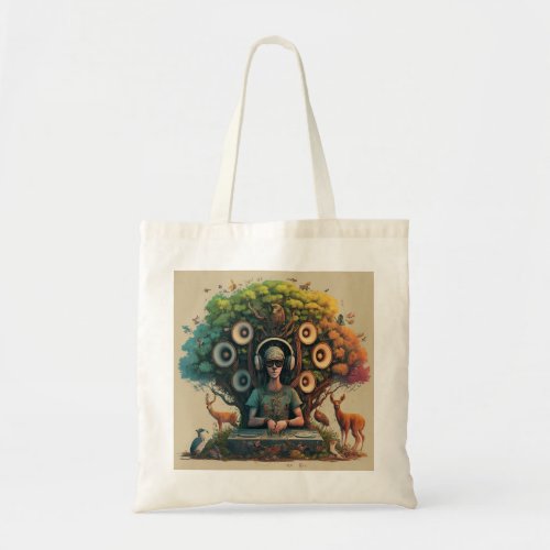 DJ in an enchanted forest with trees as speakers  Tote Bag