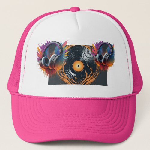 DJ logo with a glowing vinyl Trucker Hat