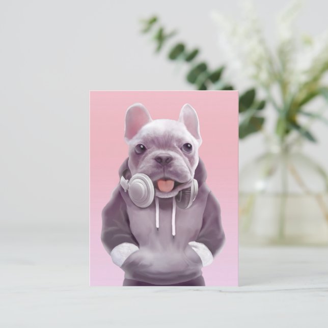 DJ Mode On: Cool French Bulldog with Headphones Announcement Postcard (Standing Front)