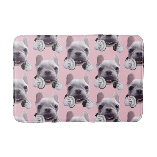 DJ Mode On: Cool French Bulldog with Headphones Bath Mat (Front)