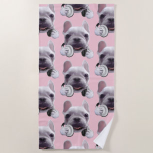 DJ Mode On: Cool French Bulldog with Headphones Beach Towel