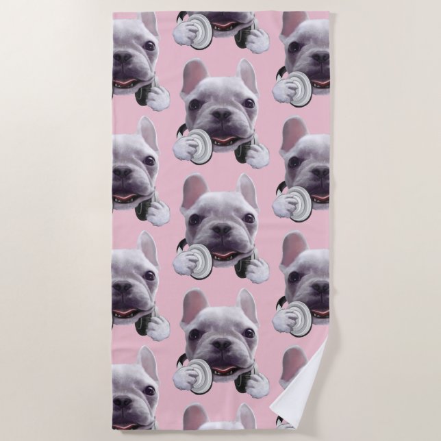 DJ Mode On: Cool French Bulldog with Headphones Beach Towel (Front)