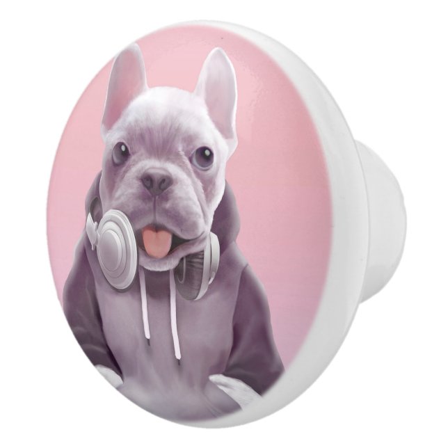 DJ Mode On: Cool French Bulldog with Headphones Ceramic Knob (Right)