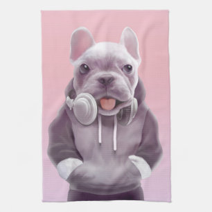 DJ Mode On: Cool French Bulldog with Headphones Kitchen Towel
