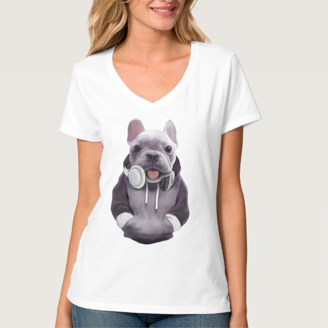 DJ Mode On: Cool French Bulldog with Headphones T-Shirt (Front)