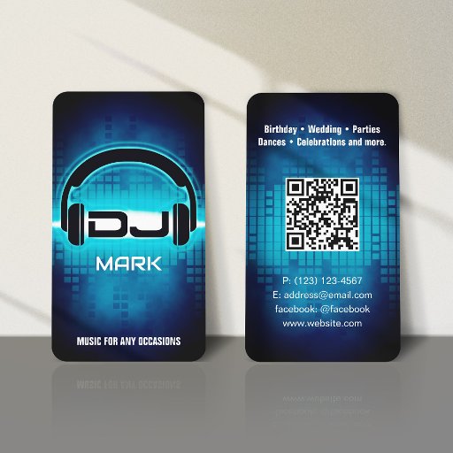 Customizable DJ Modern Blue Business Card with QR code