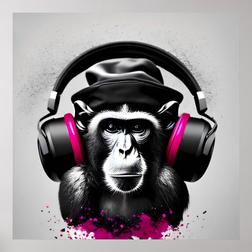 DJ Monkey in Headphones with Pink Color Splash Poster