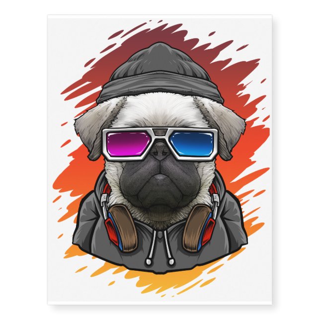 DJ Music Pug Dog Temporary Tattoos (Front)