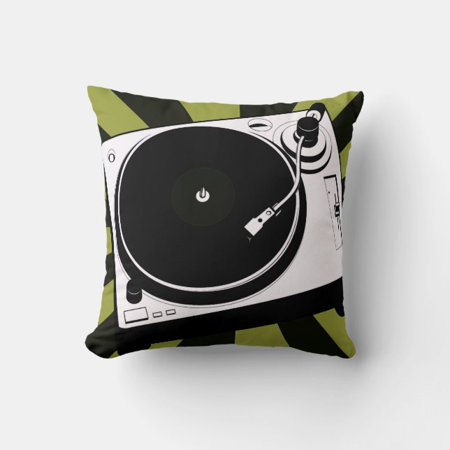 Dj music turntable disc jockey throw pillow green (Front)