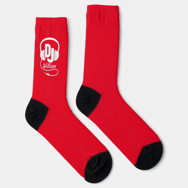 DJ name headphone white red music lovers Socks (Right)