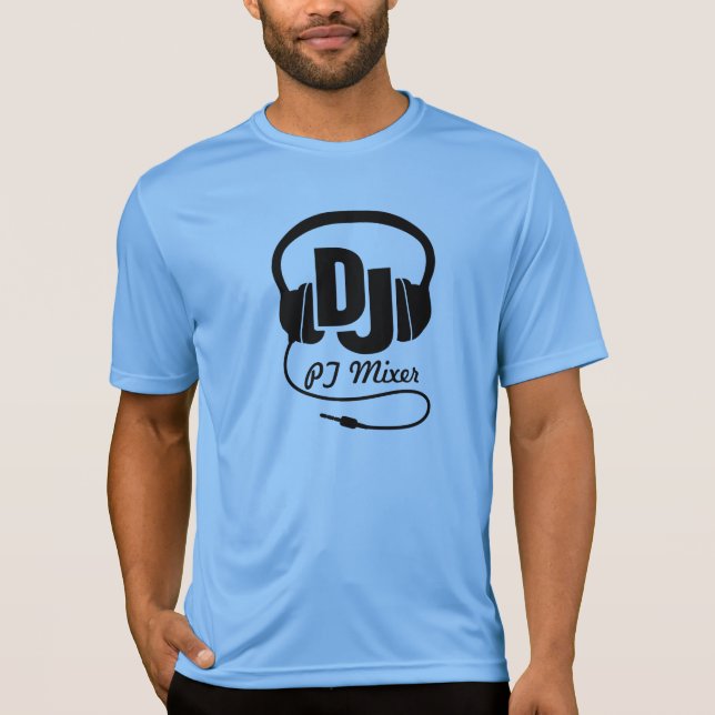 DJ name headphones black on blue graphic t-shirt (Front)