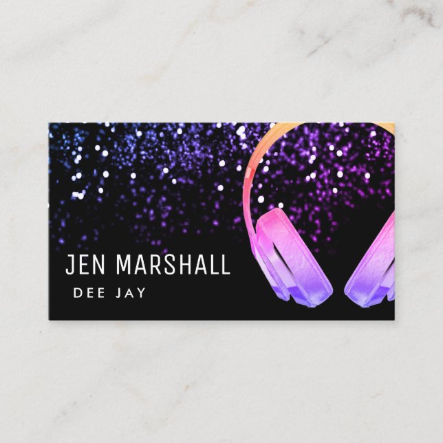 DJ purple music headphones Business Card (Front)