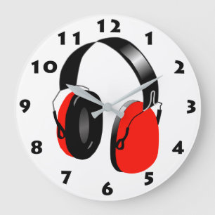 DJ RED HEADPHONES WITH BLACK NUMBERS LARGE CLOCK