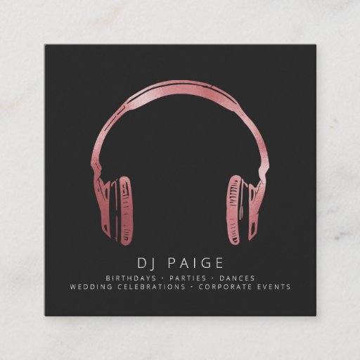 Customizable DJ Rose Gold Headphones Logo Black Square Business Card