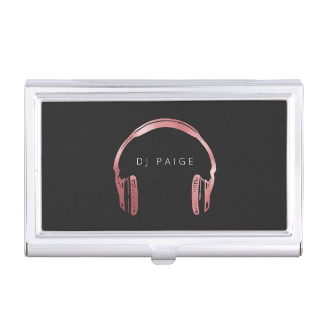 DJ Rose Gold Headphones Logo Personalized Business Card Case (Front)
